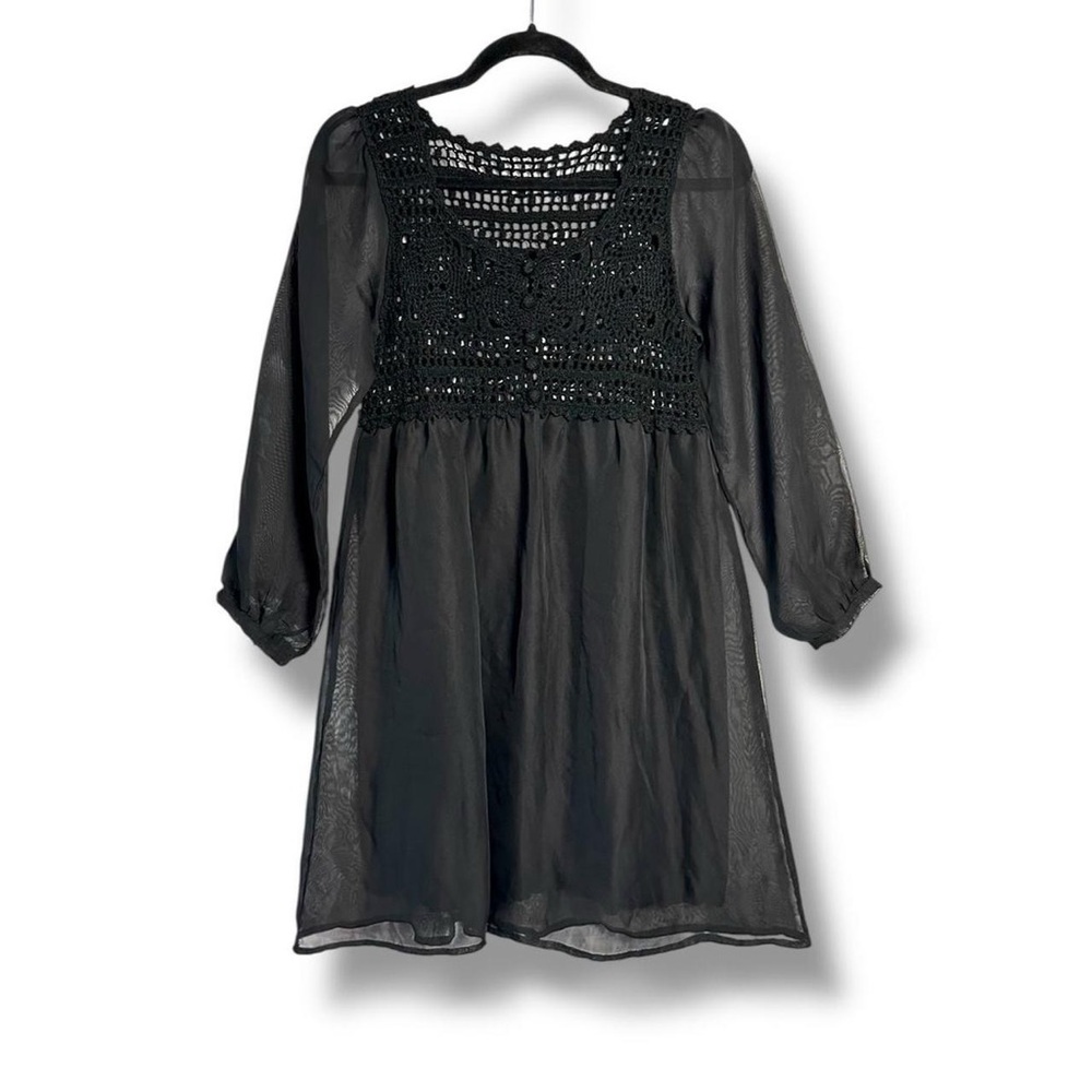 ICCA Black Crochet Knit Empire Waist Sheer Puff Sleeve Jfashion Mini Dress S/M